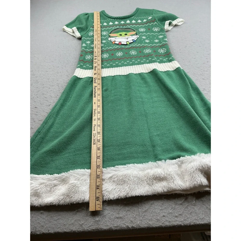 Star Wars Grogu Baby Yoda Holiday Sweater Dress Faux Fur Trim XL 14-16 Green